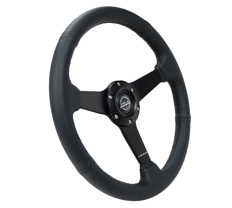 NRG Sport Steering Wheel (350mm / 1.5in Deep) Black Leather Black Stitch w/Matte Black Solid Spokes Steering Wheels NRG
