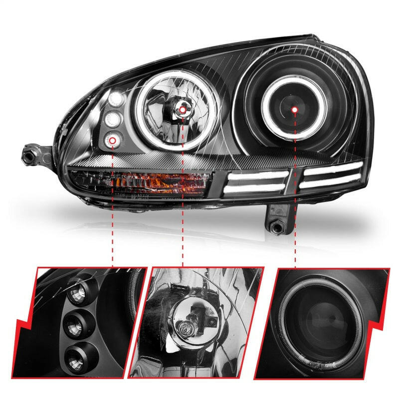 ANZO 2006-2009 Volkswagen Rabbit Projector Headlights w/ Halo Black (CCFL) Headlights ANZO