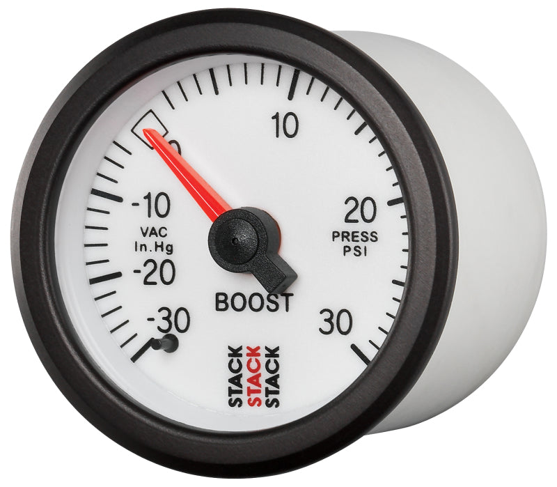 Autometer Stack 52mm -30INHG to +30 PSI (Incl T-Fitting) Mechanical Boost Pressure Gauge - White Gauges AutoMeter