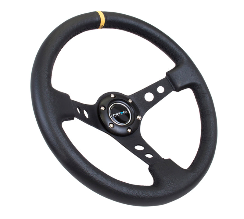NRG Reinforced Steering Wheel (350mm / 3in. Deep) Blk Leather w/Blk Cutout Spoke/Yellow Center Mark Steering Wheels NRG