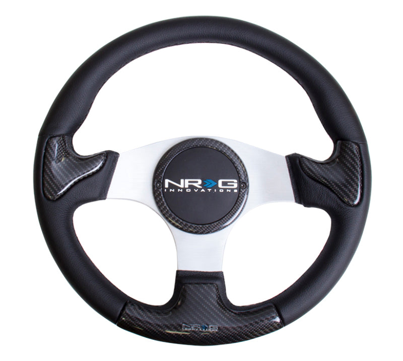 NRG Carbon Fiber Steering Wheel (350mm) Silver Frame Blk Stitching w/Rubber Cover Horn Button Steering Wheels NRG
