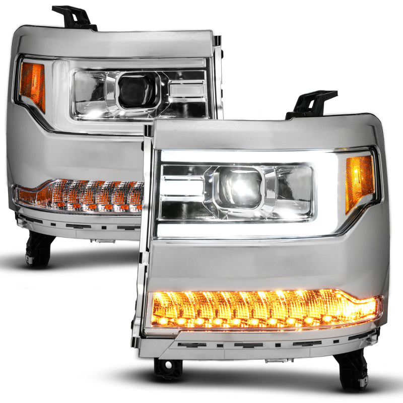 ANZO 16-18 Chevy Silverado1500 (Factory HID Models) LED Prj Light Bar Style Headlights Chrome - Pair Headlights ANZO
