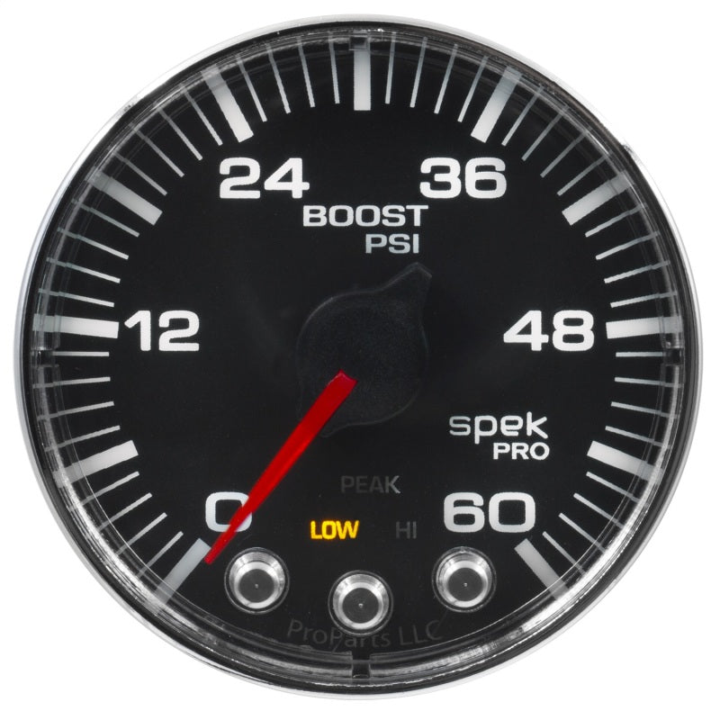 Autometer Spek-Pro Gauge Boost 2 1/16in 60psi Stepper Motor W/Peak & Warn Blk/Chrm Gauges AutoMeter