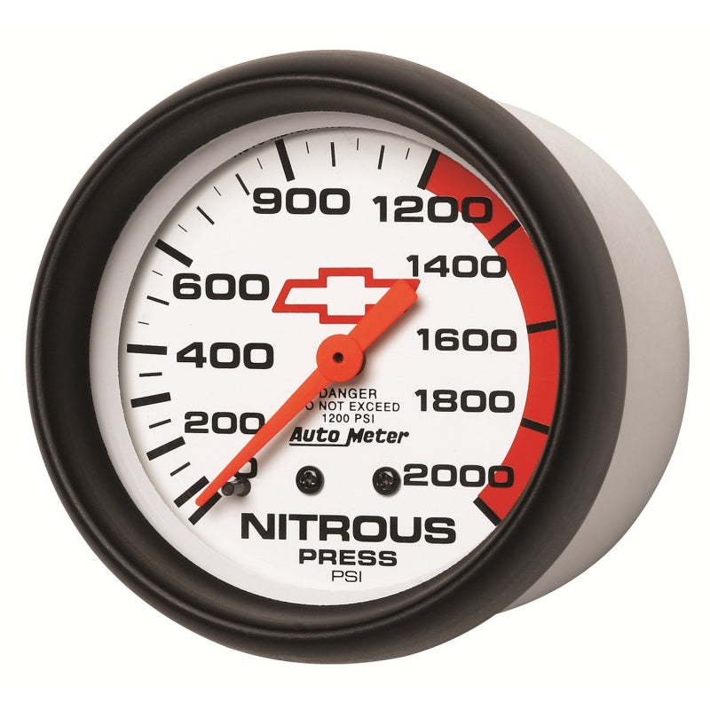 AutoMeter Gauge Nitrous Pressure 2-5/8in. 2000PSI Mechanical Chevy Red Bowtie White Gauges AutoMeter