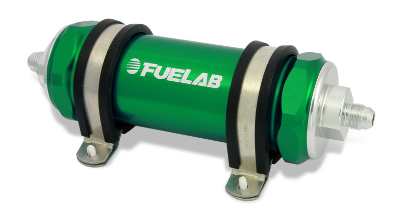 Fuelab 858 In-Line Fuel Filter Long -10AN In/Out 40 Micron Stainless w/Check Valve - Green Fuel Filters Fuelab