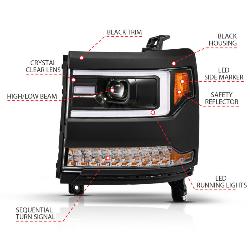 ANZO 16-18 Chevy Silverado1500 (Factory HID Models) LED Proj Light Bar Style Headlights Black - Pair Headlights ANZO