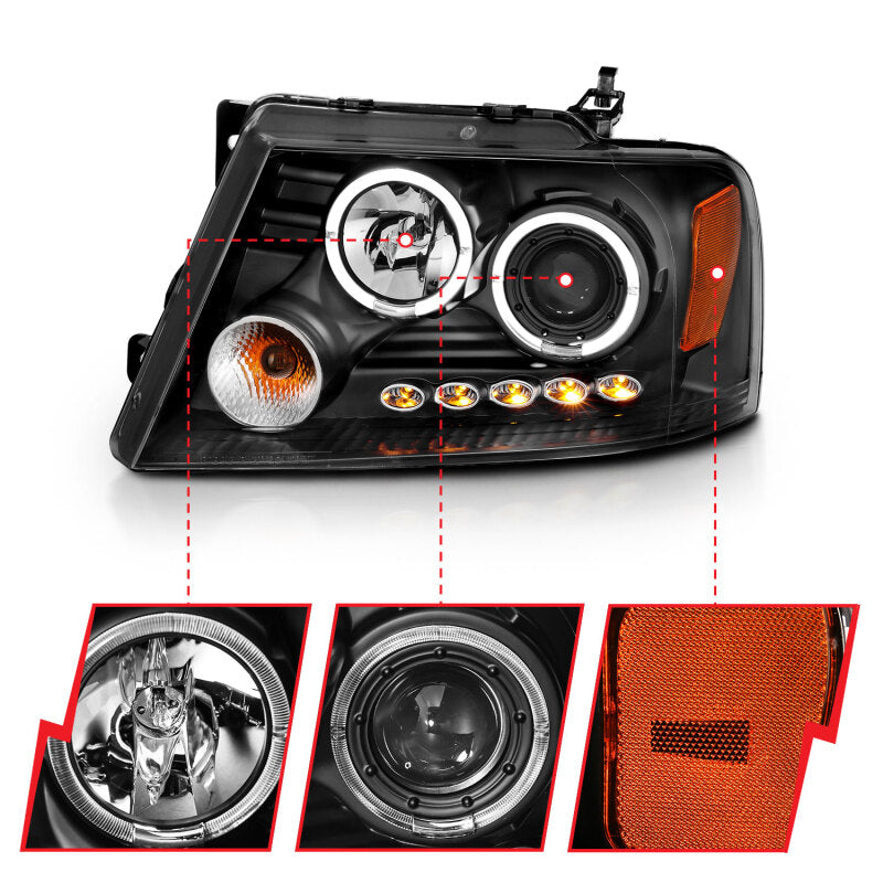 ANZO 2004-2008 Ford F-150 Projector Headlights w/ Halo and LED Black G2 Headlights ANZO