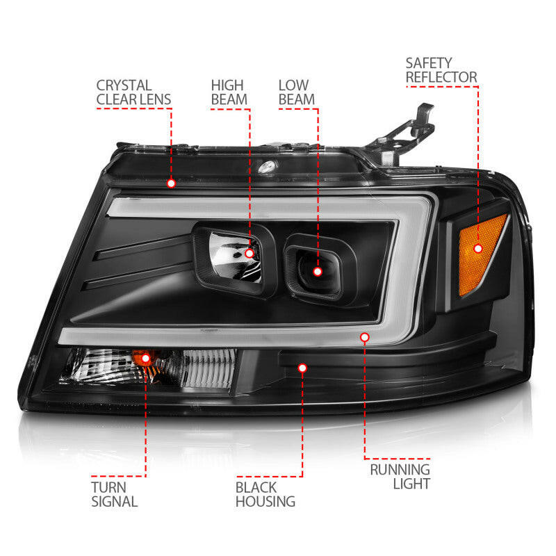 ANZO 2004-2008 Ford F-150 Projector Headlights w/ Light Bar Black Housing Headlights ANZO