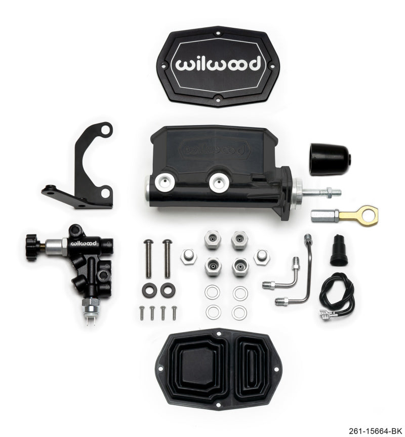 Wilwood Compact Tandem M/C - 15/16in Bore w/RH Bracket and Valve (Mustang Pushrod) - Black Brake Master Cylinder Wilwood