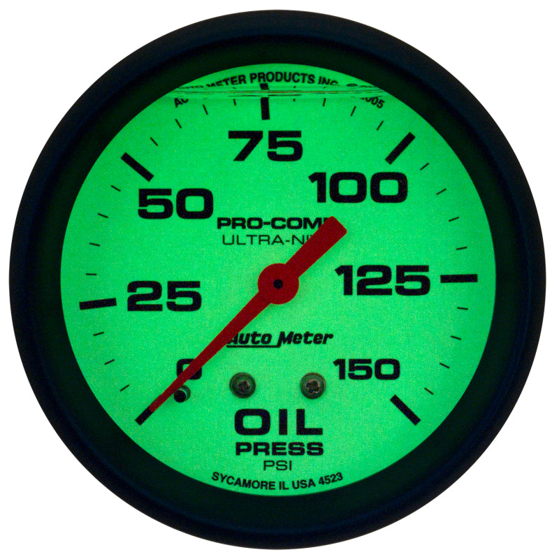 Autometer Ultra-Nite 2-5/8in 0-150 PSI Liquid Filled Mechanical Glow In Dark Oil Pressure Gauge Gauges AutoMeter