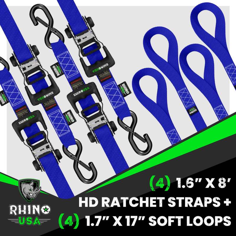 Rhino USA Heavy Duty Ratchet Tie-Down 4-Pack (Blue) 1.6In X 8Ft Cargo Tie-Downs Rhino USA