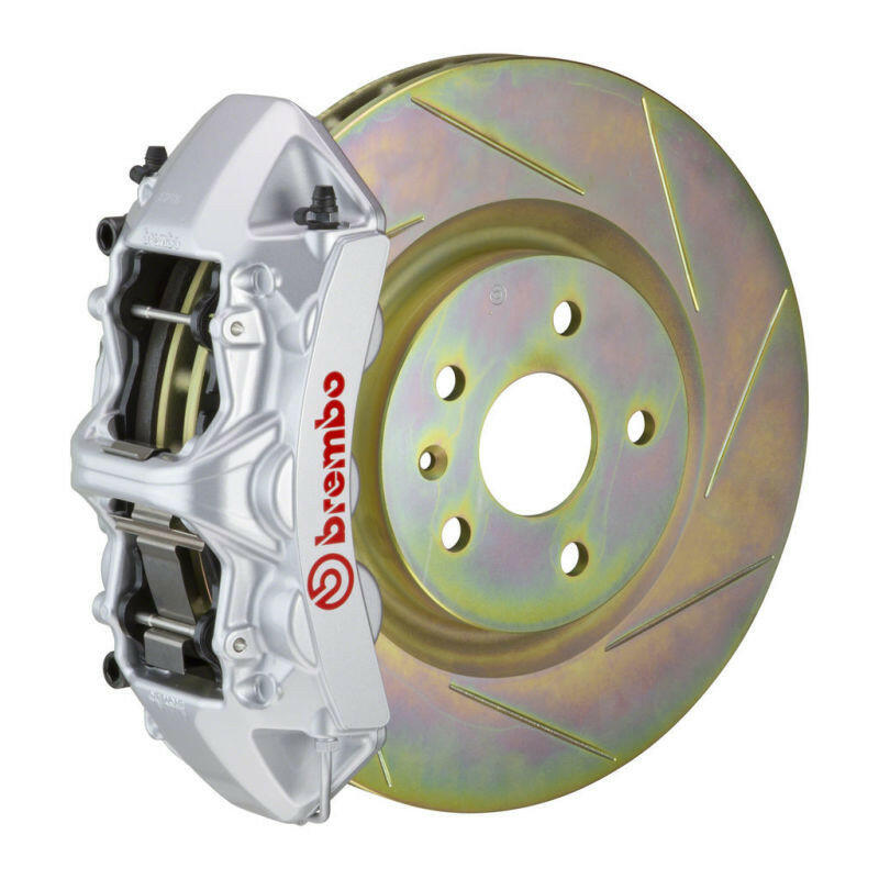 Brembo 05-14 Mustang GT Excl non-ABS Equipped Fr GT BBK 6Pist Cast 355x32 1pc Rtr Slot Type1-Silver Brake Kits - Performance Slot Brembo