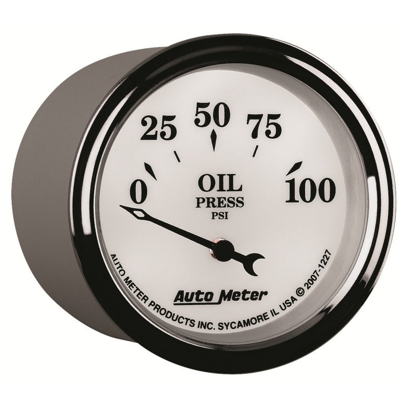 AutoMeter Gauge Oil Press 2-1/16in. 100PSI Elec Old Tyme White II Gauges AutoMeter