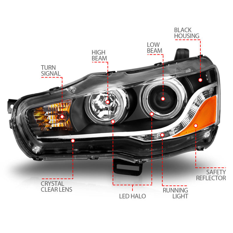 ANZO 2008-2015 Mitsubishi Lancer Projector Headlights w/ Halo Black (CCFL) Headlights ANZO