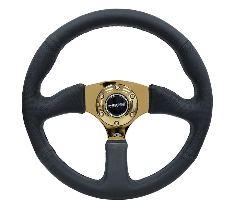 NRG Reinforced Steering Wheel (350mm / 2.5in. Deep) Leather Race Comfort Grip w/4mm Gold Spokes Steering Wheels NRG