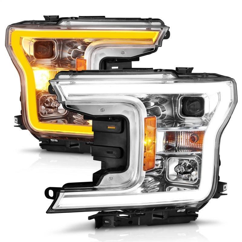 ANZO 2018-2020 Ford F-150 Projector Headlight w/Plank Style Switchback Chrome Housing Headlights ANZO