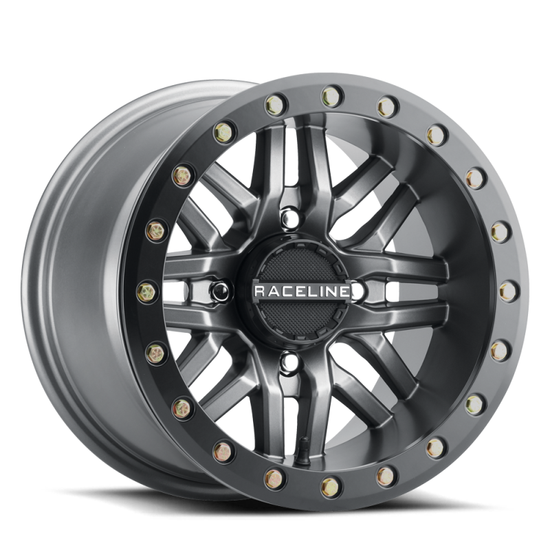 Raceline A91G Ryno 14x7in/4x156 BP/10mm Offset/132.5mm Bore - Gunmetal & Black Ring Beadlock Wheel Wheels - Cast Raceline