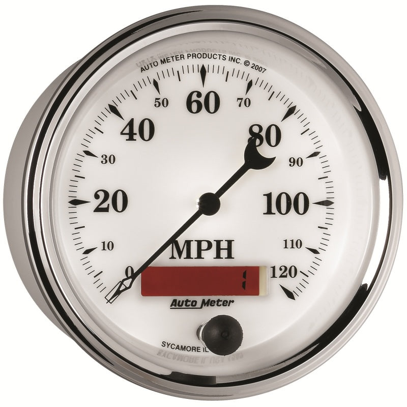 AutoMeter Gauge Speedometer 3-3/8in. 120MPH Elec. Prog. W/ Lcd Odo Old Tyme Wht II Gauges AutoMeter