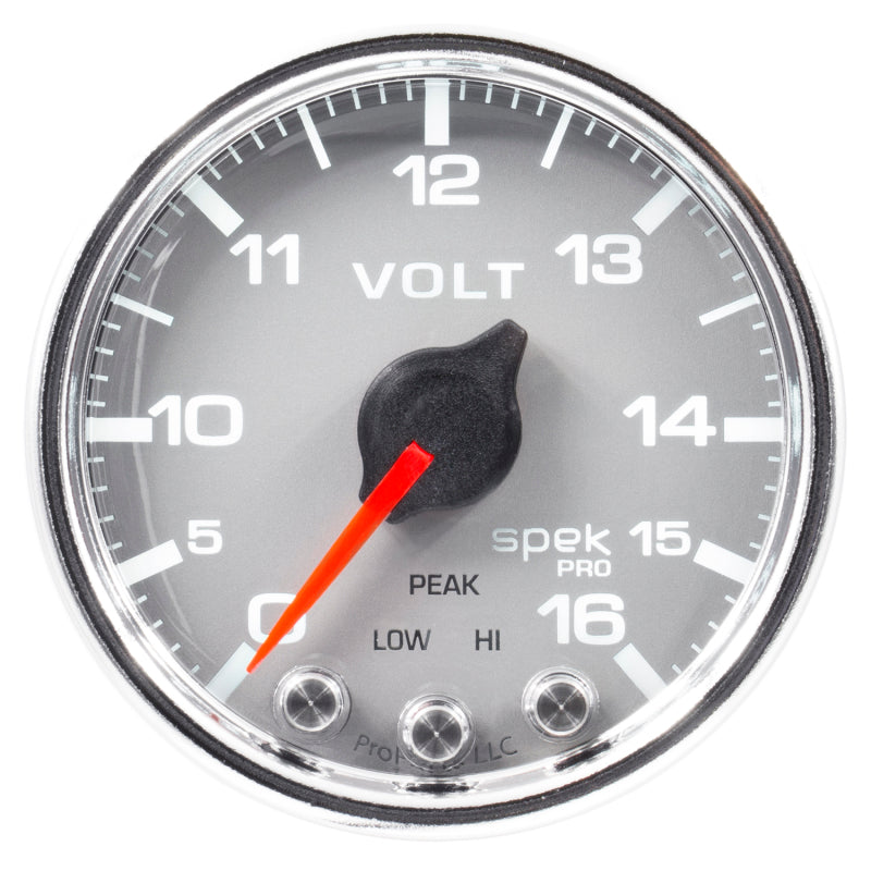Autometer Spek-Pro Gauge Voltmeter 2 1/16in 16V Stepper Motor W/Peak & Warn Slvr/Chrm Gauges AutoMeter