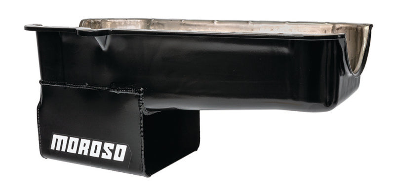 Moroso 80-85 Chevrolet SBC (w/Passenger Side Dipstick) Wet Sump 7qt 9.5in Steel Oil Pan - Black Oil Pans Moroso