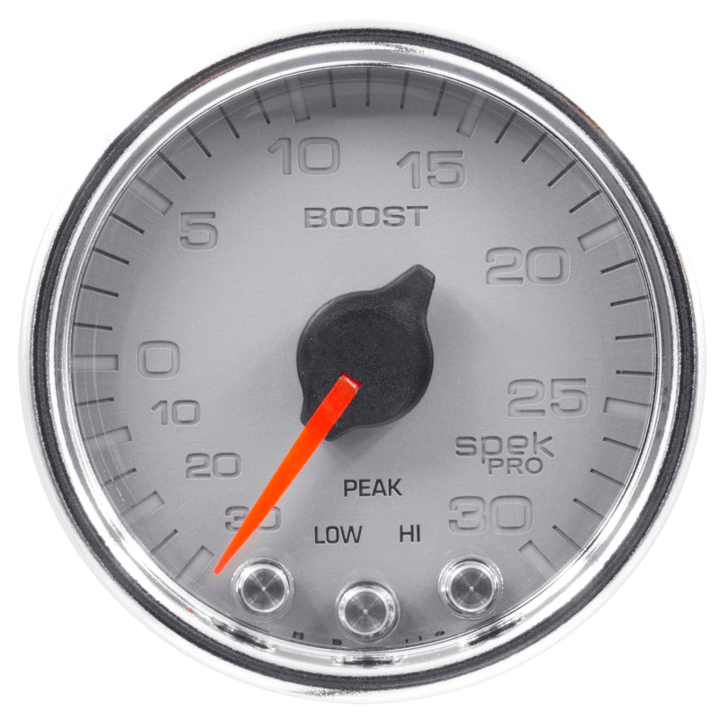Autometer Spek-Pro Gauge Vac/Boost 2 1/16in 30Inhg-30psi Stepper Motor W/Peak & WarnSilver/Chrome Gauges AutoMeter