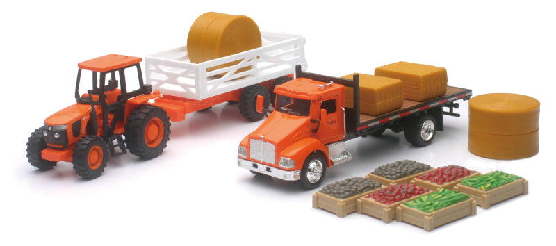 New Ray Toys Kubota Farm Tractor Play Set with Truck, Trailer, Crates and Haybales/ Scale - 1:32 Toys New Ray Toys