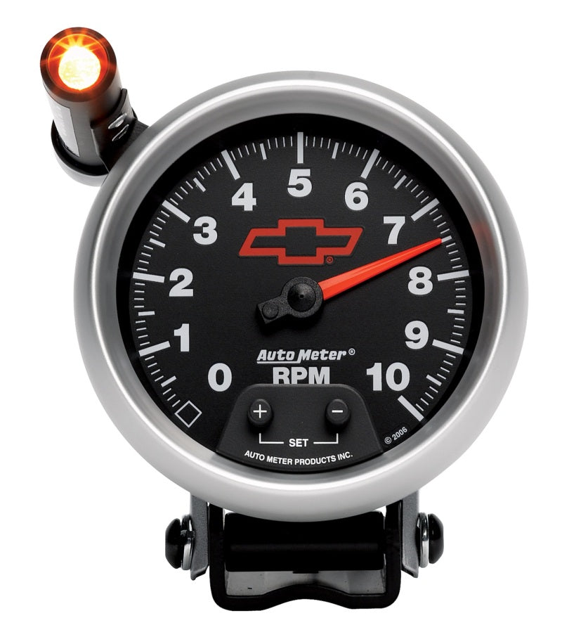 Autometer GM Red Bowtie Black 3-3/4in 0-10000 RPM Pedestal Mount Tachometer Quick-Lite Gauges AutoMeter