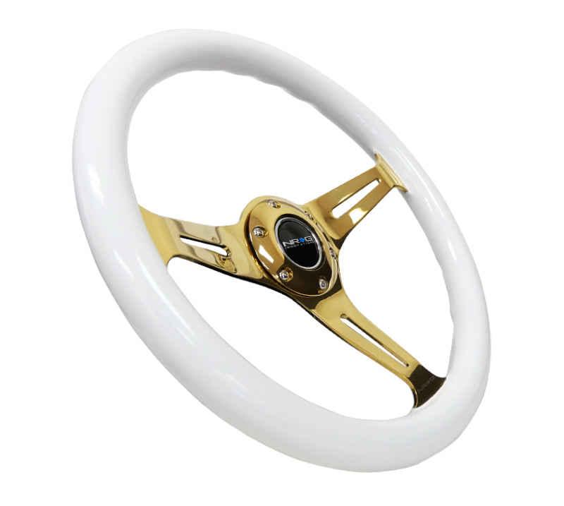 NRG Classic Wood Grain Steering Wheel (350mm) White Grip w/Chrome Gold 3-Spoke Center Steering Wheels NRG