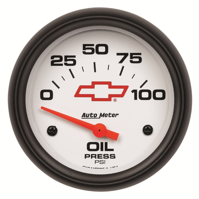 AutoMeter Gauge Oil Pressure 2-5/8in. 100PSI Electric Chevy Red Bowtie White Gauges AutoMeter
