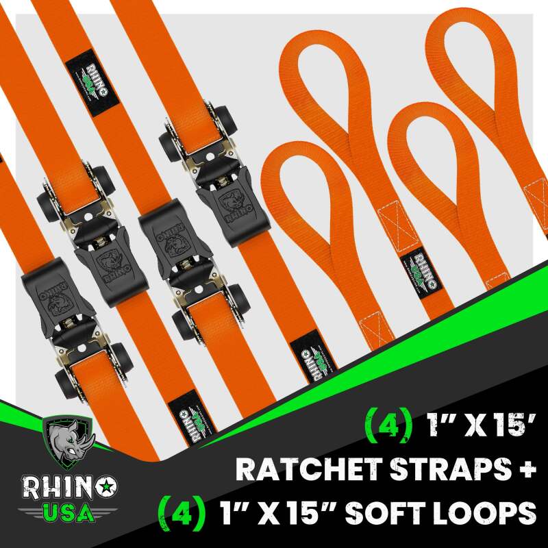Rhino USA Medium Duty Ratchet Strap Tie-Down 4-Pack (Orange) Cargo Tie-Downs Rhino USA