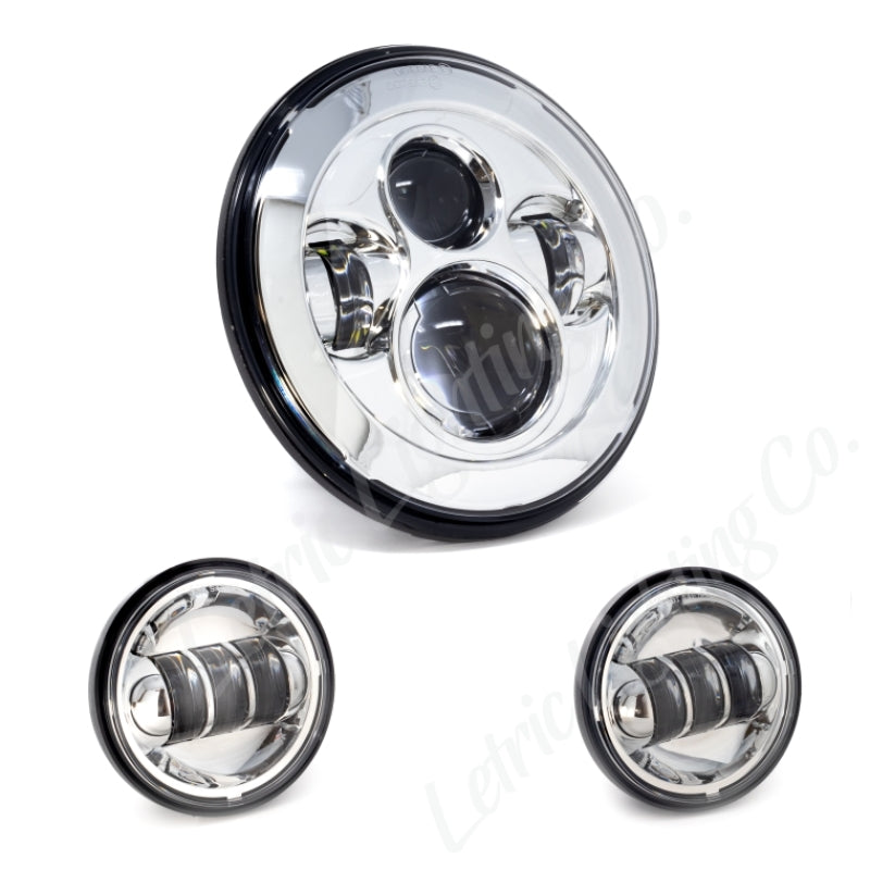 Letric Lighting 7in LED Headlight W/Passing Lamps Chrome Light Accessories and Wiring Letric Lighting