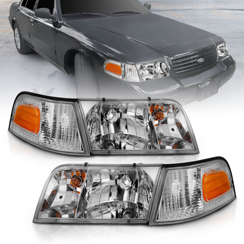 ANZO 1998-2005 Ford Crown Victoria Crystal Headlight Chrome With Bumper Light (OE) Headlights ANZO