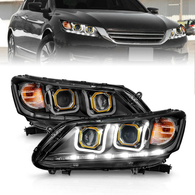 ANZO 2013-2015 Honda Accord (4dr ONLY) Projector Headlights w/ U-Bar Black Headlights ANZO