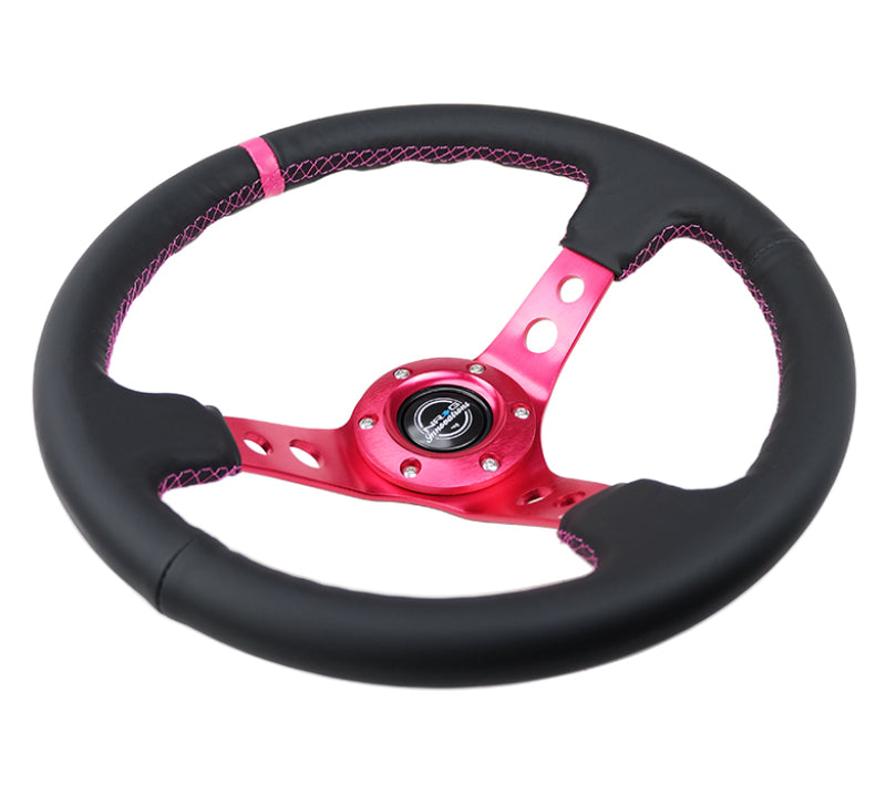 NRG Reinforced Steering Wheel (350mm/3in. Deep) Black Leather/ Fushia Center Mark/ Fushia Stitching Steering Wheels NRG