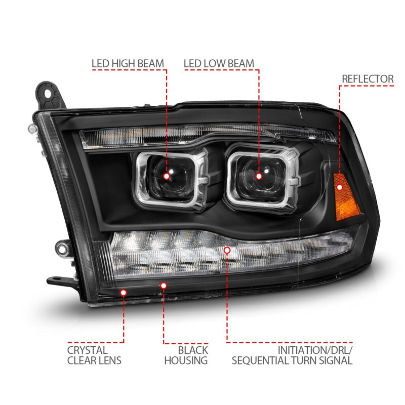 ANZO 09-18 Dodge Ram 1500/2500/3500 Full LED Proj Headlights w/Switchback Light Bar - Black Headlights ANZO