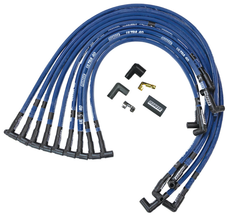 Moroso Chevrolet Small Block Ignition Wire Set - Ultra 40 - Sleeved - HEI - 90 Degree - Blue Spark Plug Wire Sets Moroso