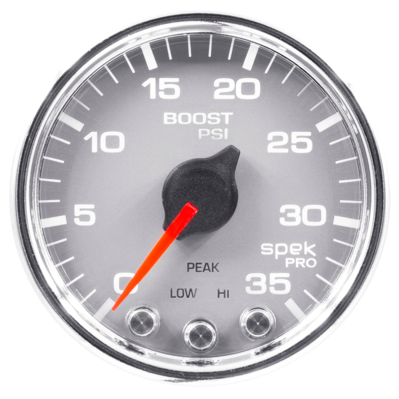 Autometer Spek-Pro Gauge Boost 2 1/16in 35psi Stepper Motor W/Peak & Warn Silver/Chrome Gauges AutoMeter