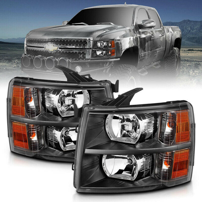 ANZO 2007-2013 Chevrolet Silverado Crystal Headlights Black Headlights ANZO