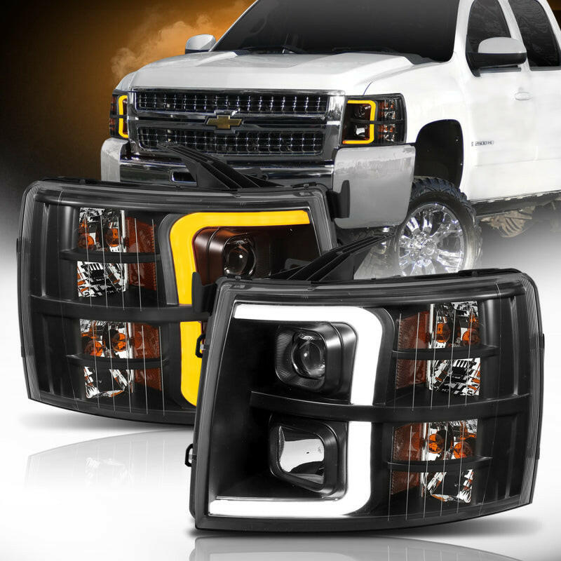 ANZO 07-13 Chevrolet Silverado 1500 Plank Style Projector Headlights Black w/ Amber Headlights ANZO