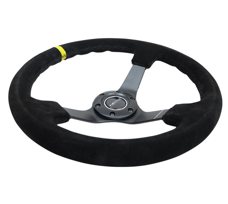 NRG Reinforced Steering Wheel (350mm / 3in. Deep) Blk Suede/X-Stitch w/5mm Blk Spoke & Yellow CM Steering Wheels NRG