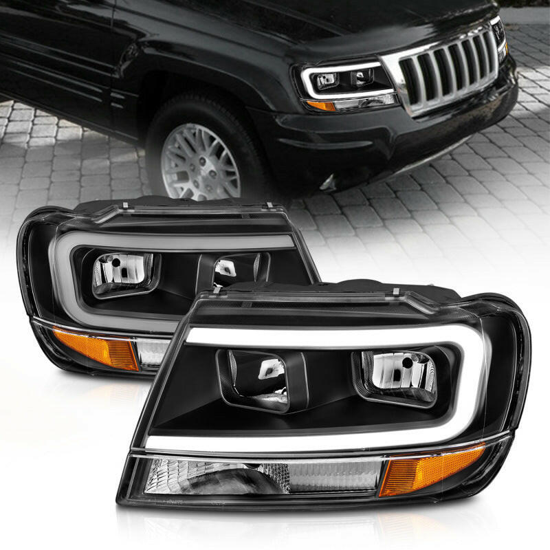ANZO 99-04 Jeep Grand Cherokee Crystal Headlights - w/ Light Bar Black Housing Headlights ANZO