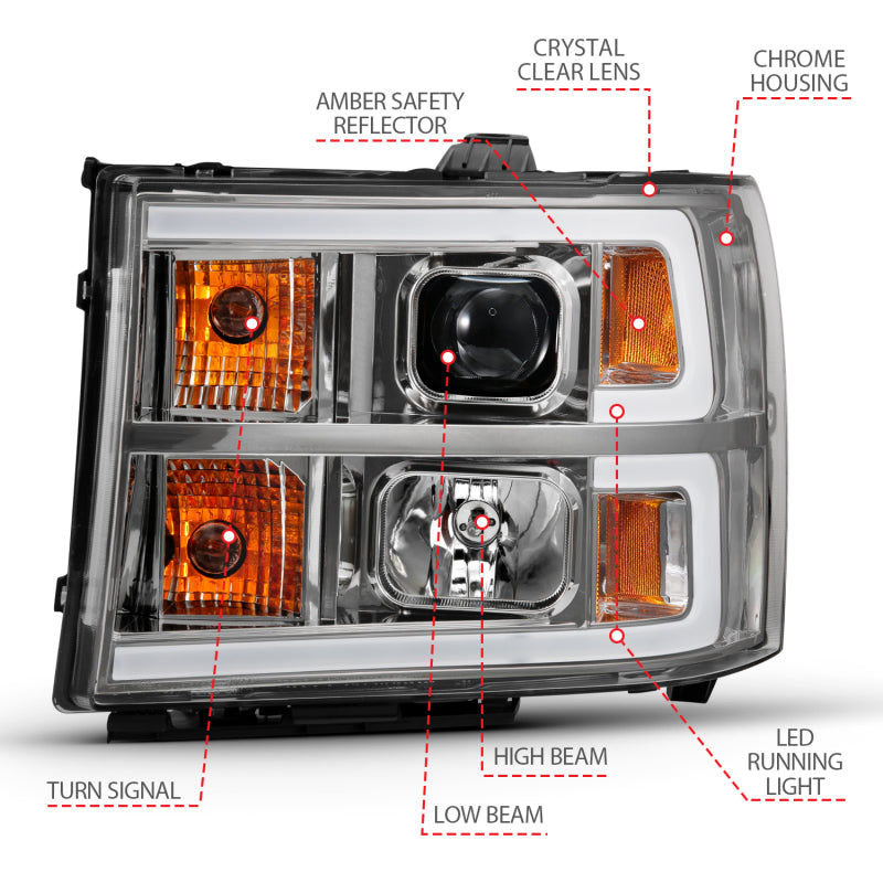 ANZO 2007-2013 GMC Sierra 1500 Projector Headlight Plank Style Chrome w/ Clear Lens Amber Headlights ANZO