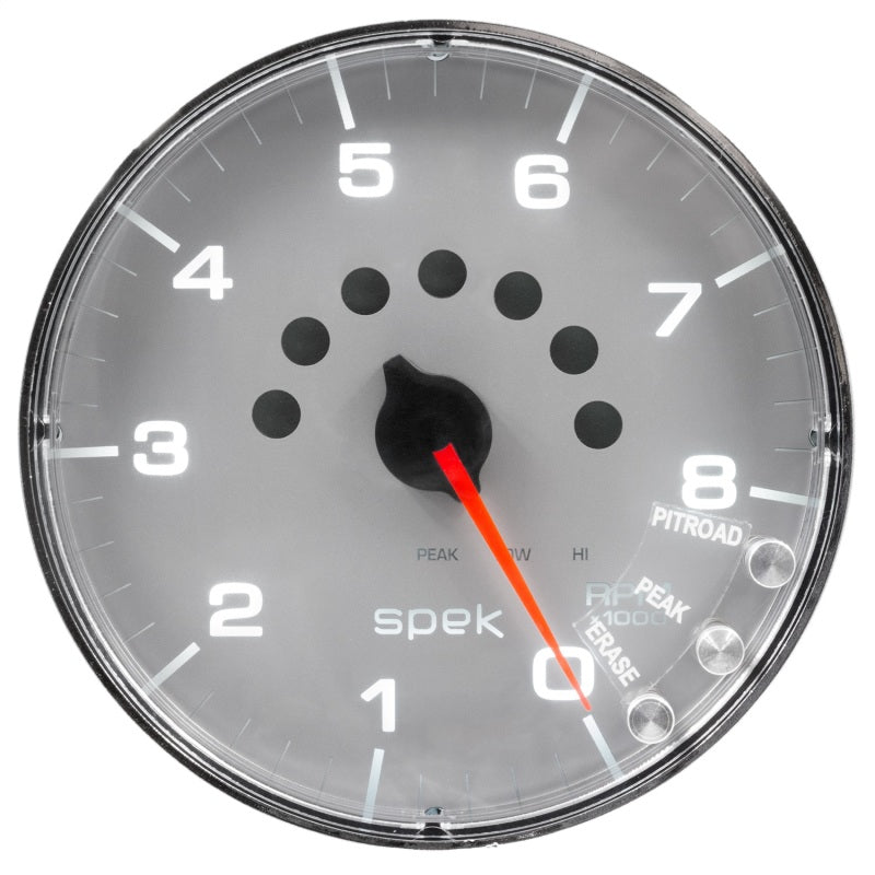 Autometer Spek-Pro Gauge Tachometer 5in 8K Rpm W/Shift Light & Peak Mem Silver/Chrome Gauges AutoMeter