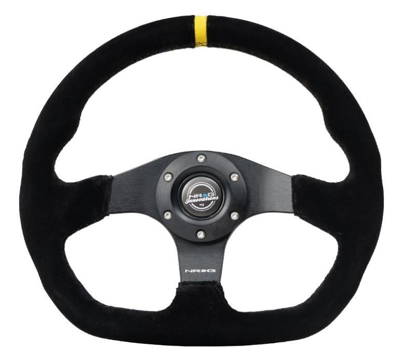 NRG Reinforced Steering Wheel (320mm) Sport Suede Dual Push Buttons Flat Bottom w/ Yellow Center Steering Wheels NRG