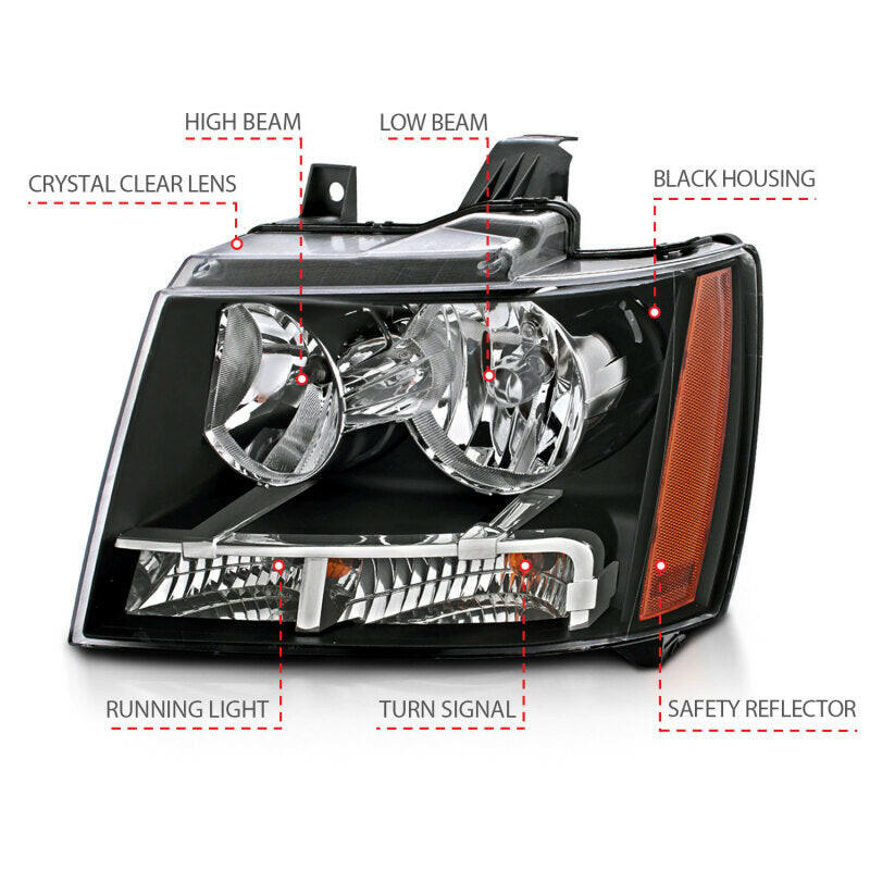ANZO 2007-2014 Chevrolet Tahoe/Suburban Crystal Headlights Black Headlights ANZO