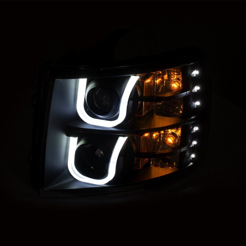 ANZO 2007-2013 Chevrolet Silverado 1500/2500 Projector Headlights w/ U-Bar Switchback Black w/ Amber Headlights ANZO