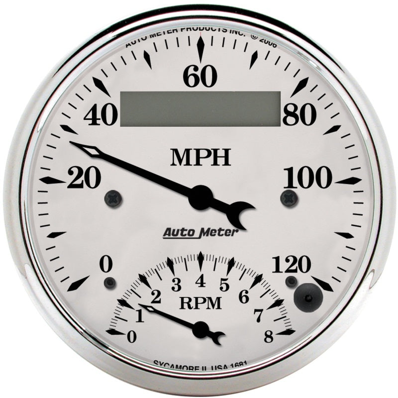 AutoMeter Gauge Tach/Speedo 3-3/8in. 120MPH & 8K RPM Elec. Program. Old Tyme Wht Gauges AutoMeter