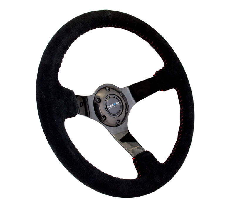 NRG Reinforced Steering Wheel (350mm / 3in. Deep) Blk Suede w/Red BBall Stitch & Black 3-Spoke Steering Wheels NRG