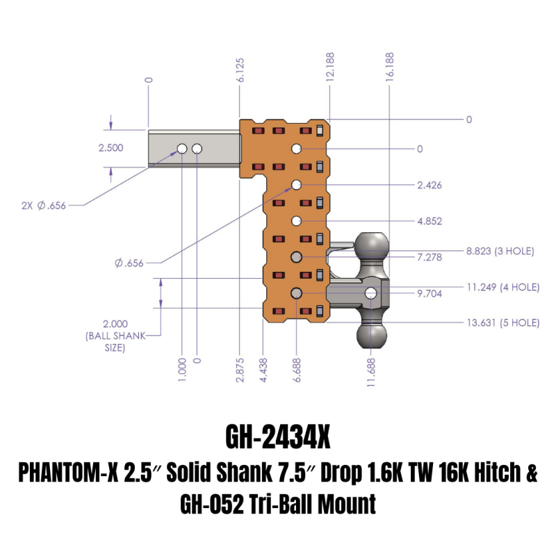 Gen-Y Phantom-X 2.5in Solid Shank 7.5in Drop 1.6K TW 16K Hitch w/GH-052 (No Flat Towing) Hitch Receivers GEN-Y Hitch