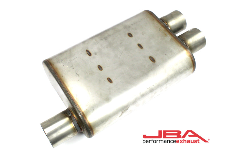 JBA Universal Chambered Style 304SS Muffler 13x9.75x4 2.5in Inlet Diameter Offset/2.5 Dual Outlet Muffler JBA